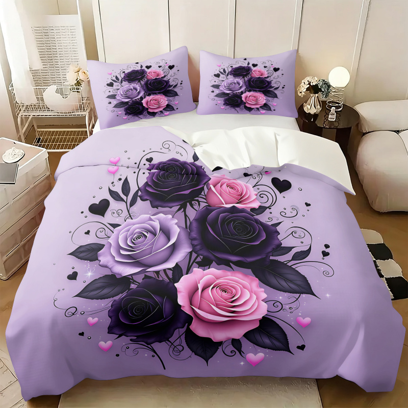 Aesthetic Floral Duvet Cover - Purple Black Pink Rose Heart Duvet