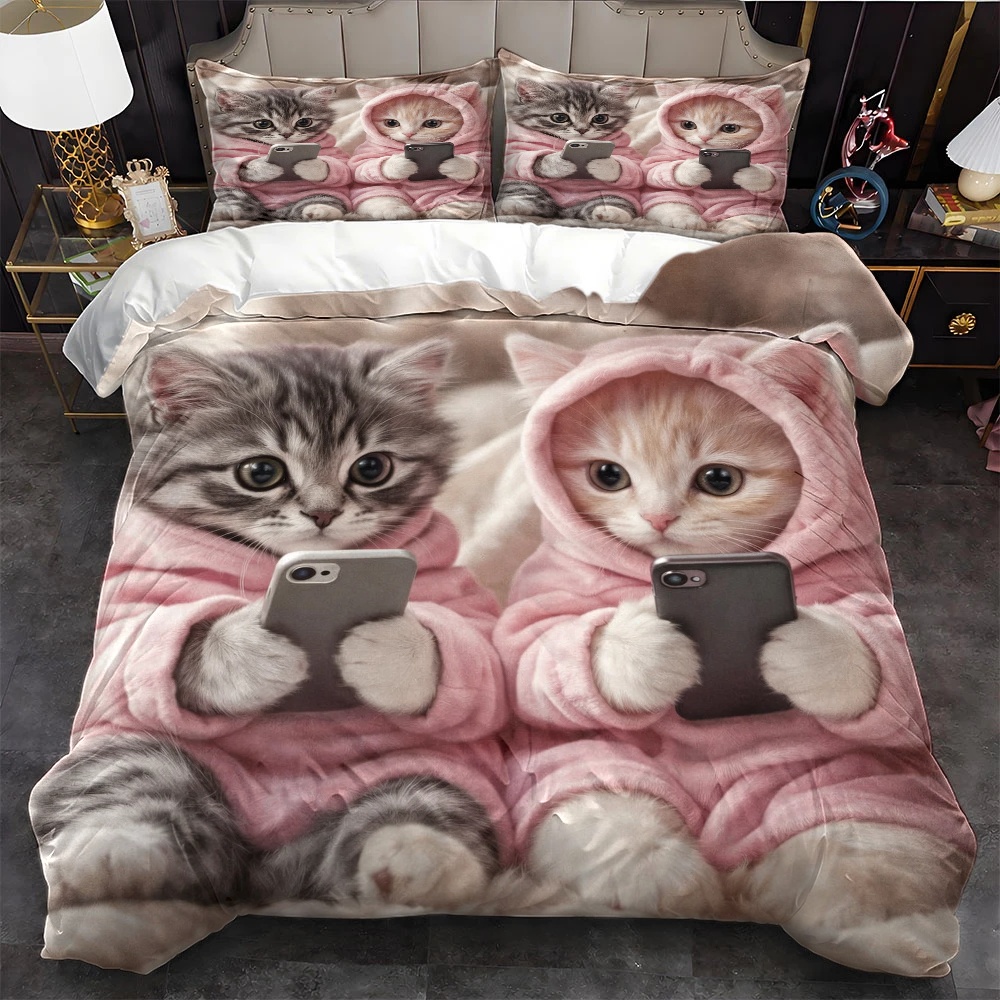 3Pc Cute Cat Playing with Phon - огляд і ціна Duvet Cover Sets With Zipper