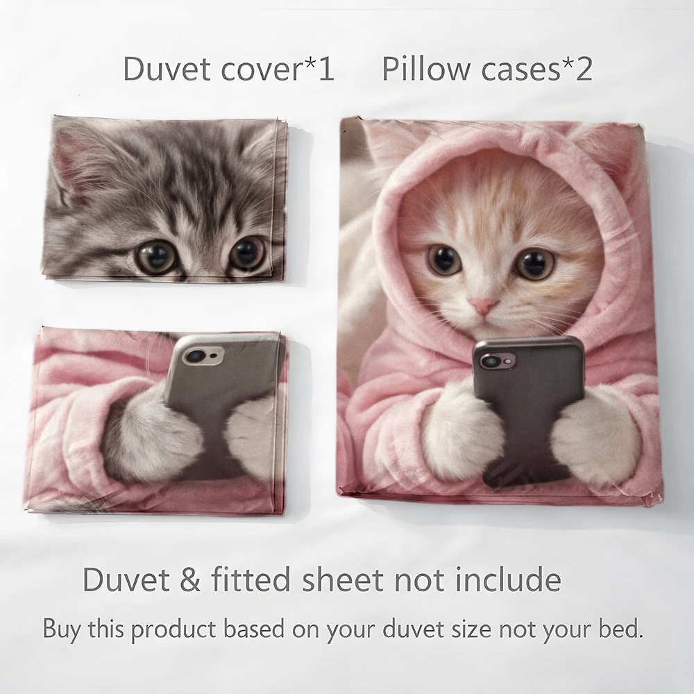 3Pc Cute Cat Playing with Phon - огляд і ціна Duvet Cover Sets With Zipper